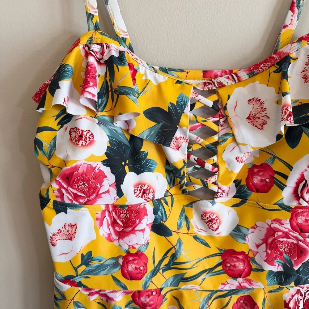 Womens‎ Yellow Floral Print Ruffle High Waist Bikini Set Swimwear 3XL